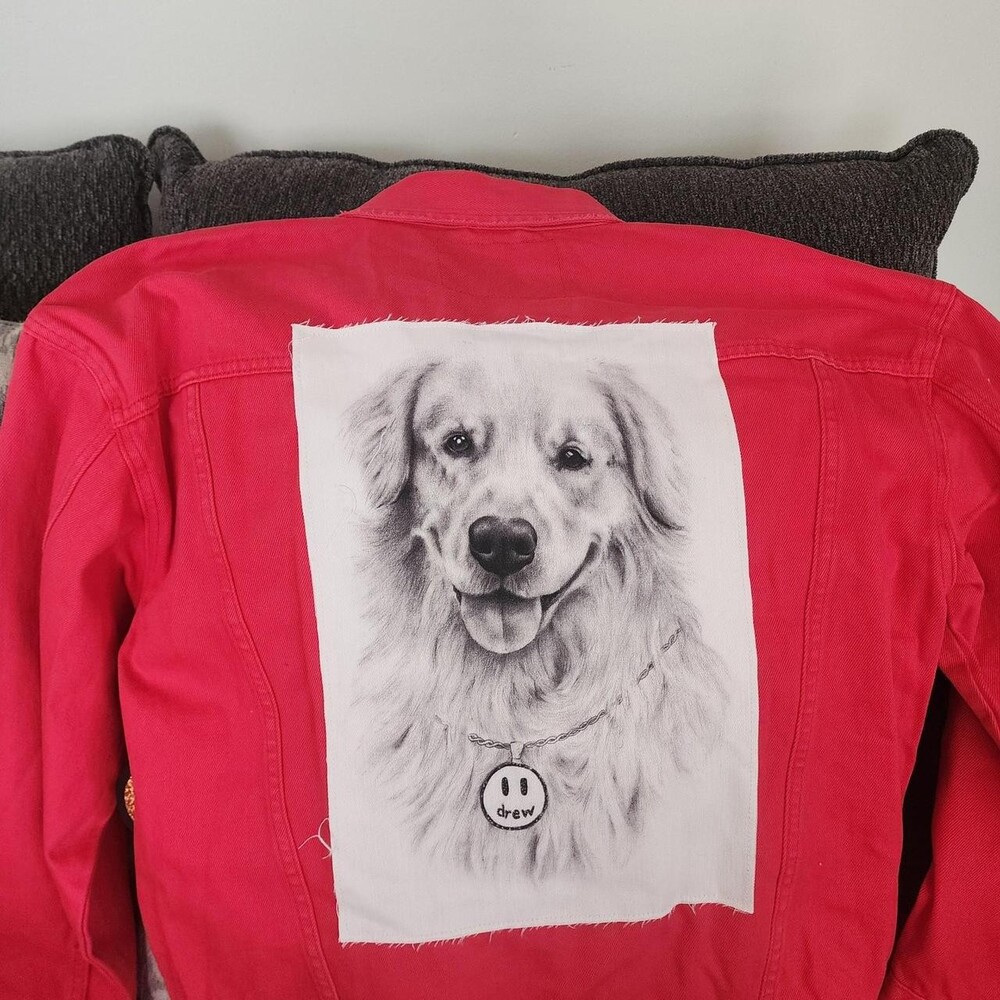 Drew house red denim jacket with dog design, Size Small #denim #drewhouse